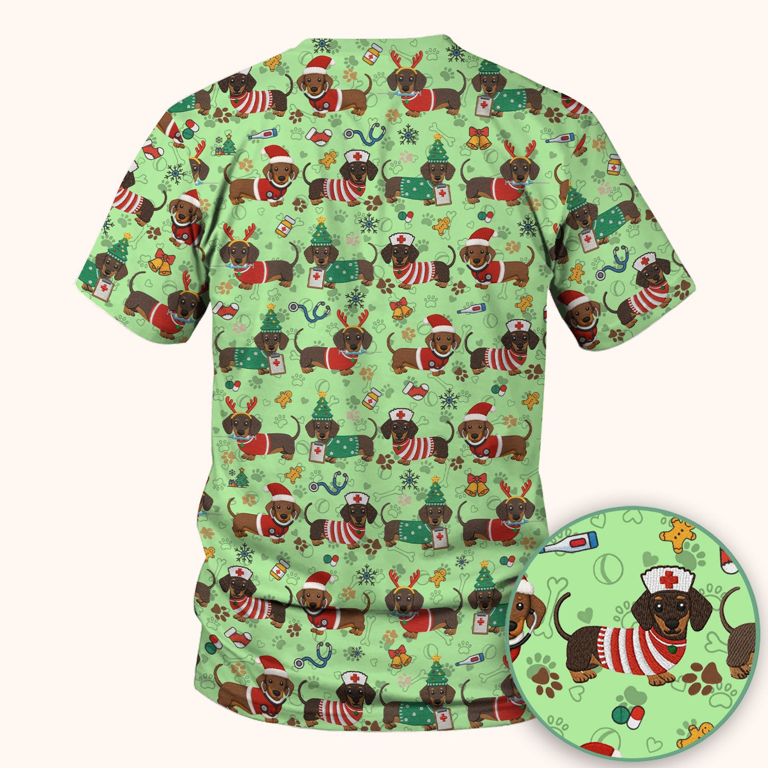 Christmas Wiener Dog Scrub Top for Nurses - Cute Dachshund Medical Shirt - Fun Holiday Scrubs Gift for Women RN CNA LPN