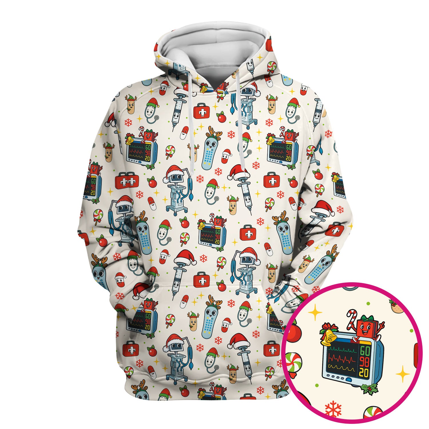 Christmas Scrub Top for Women - Funny Nurse Pattern with Robot & Reindeer - Festive Medical Shirt for Holiday Shifts