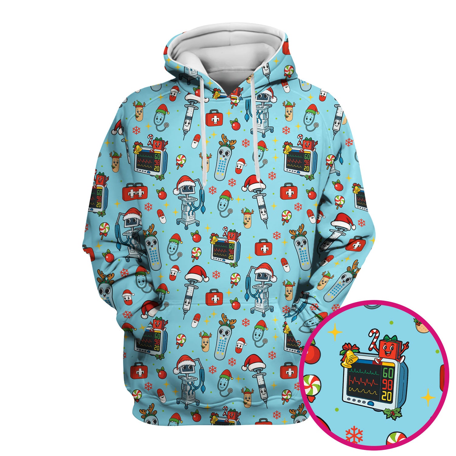 Christmas Scrub Top for Women - Funny Nurse Pattern with Robot & Reindeer - Festive Medical Shirt for Holiday Shifts