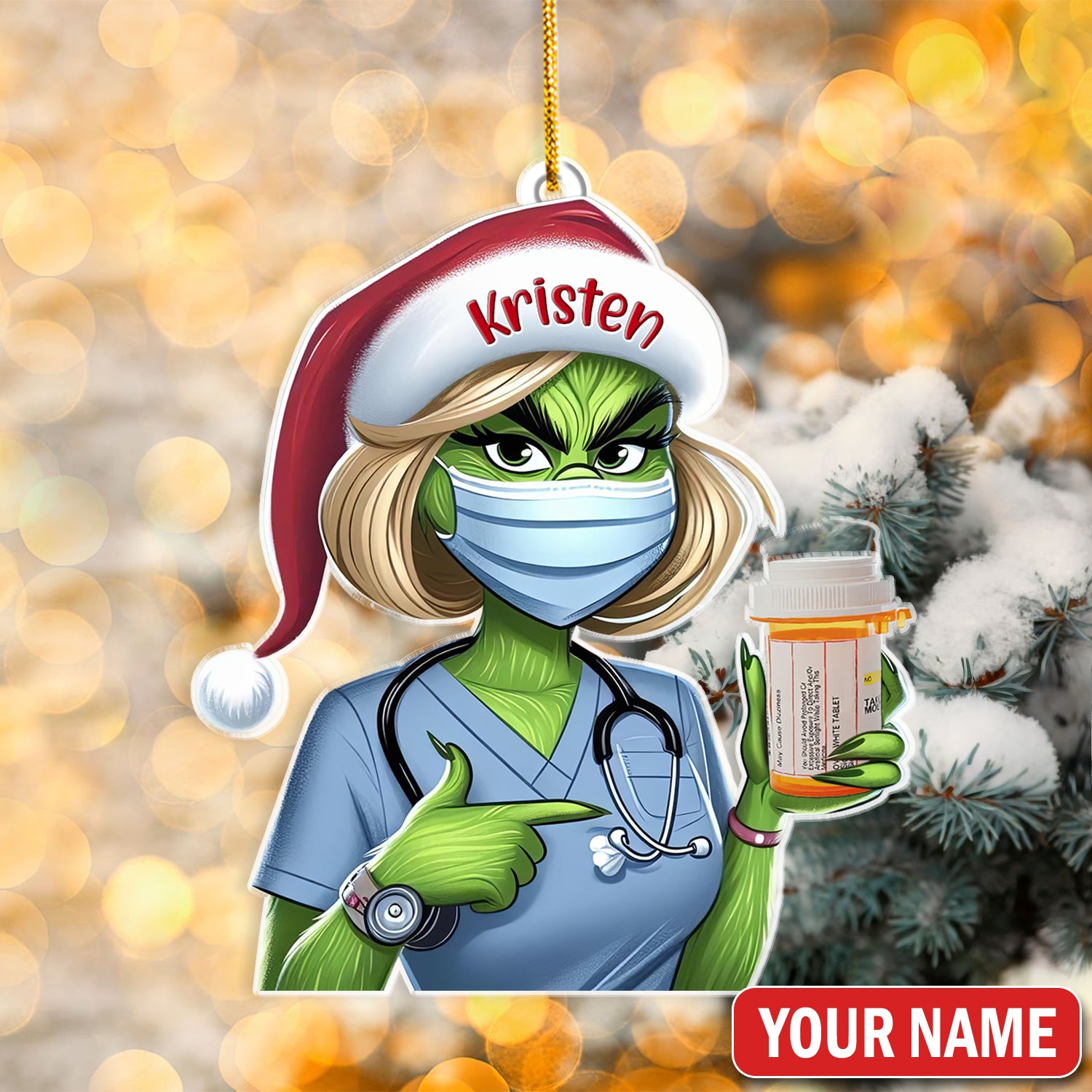 Custom Funny Pharmacist Christmas Ornament, Green Monster Nurse Holding Pill Design, RN LPN CNA Gift