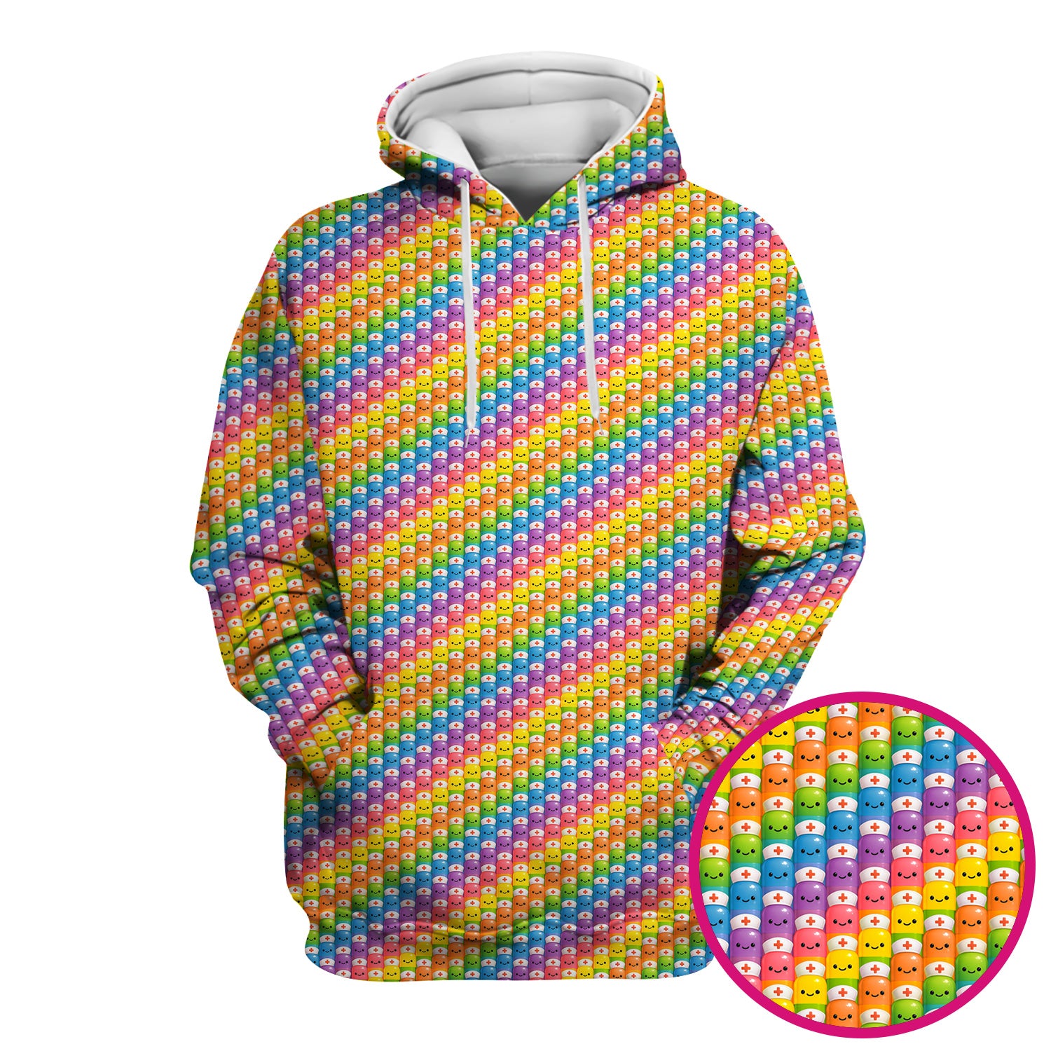 Funny Rainbow Nurse Scrub - Pill Cartoon with Syringe Graphic Tee - Gift for RN CNA LPN or Nursing Student