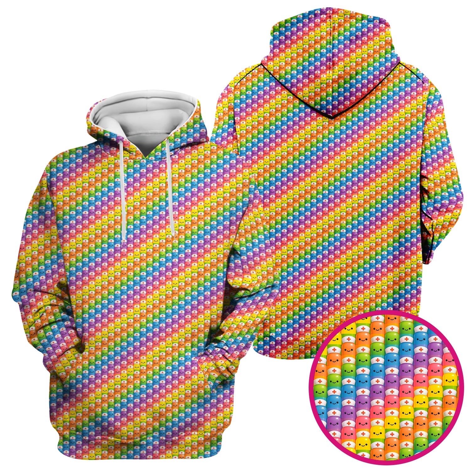 Funny Rainbow Nurse Scrub - Pill Cartoon with Syringe Graphic Tee - Gift for RN CNA LPN or Nursing Student