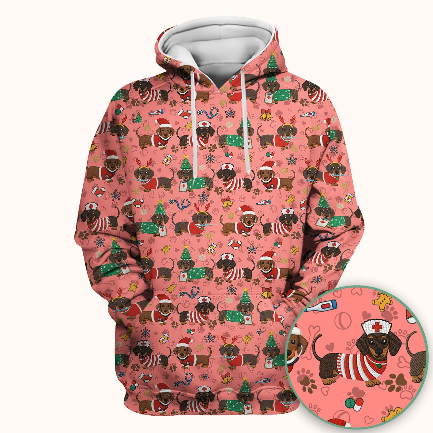 Christmas Wiener Dog Scrub Top for Nurses - Cute Dachshund Medical Shirt - Fun Holiday Scrubs Gift for Women RN CNA LPN