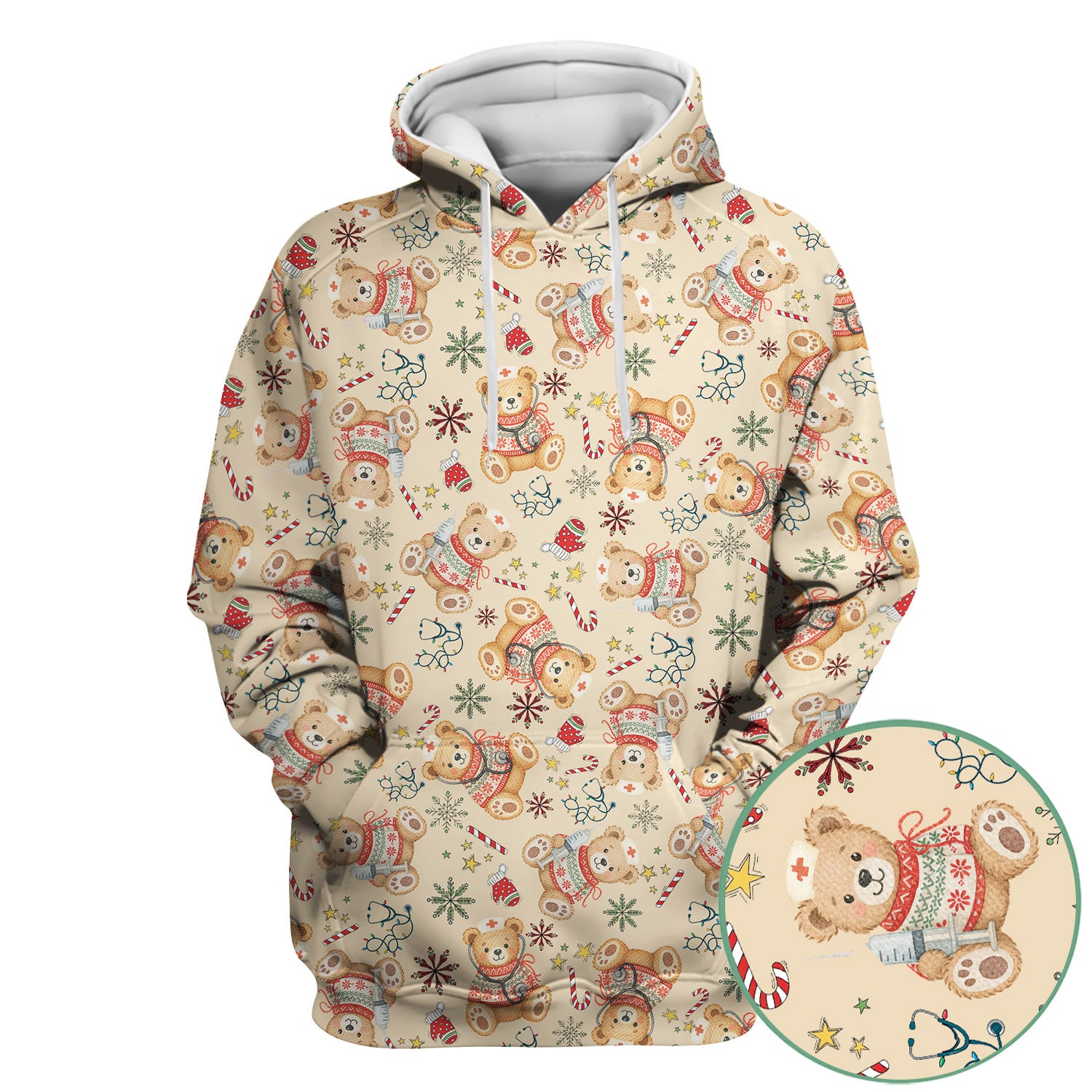 Christmas Teddy Bear Nurse Scrub Top for Women - Cute Holiday Medical Shirt RN LPN CNA Gift - Festive Nursing Uniform