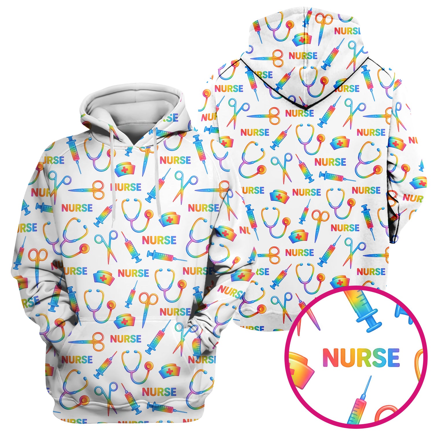 Colorful Nurse Scrub Top for Women - Rainbow Syringe and Scissors Pattern - Fun Medical Scrubs Shirt Gift for RN LPN CNA