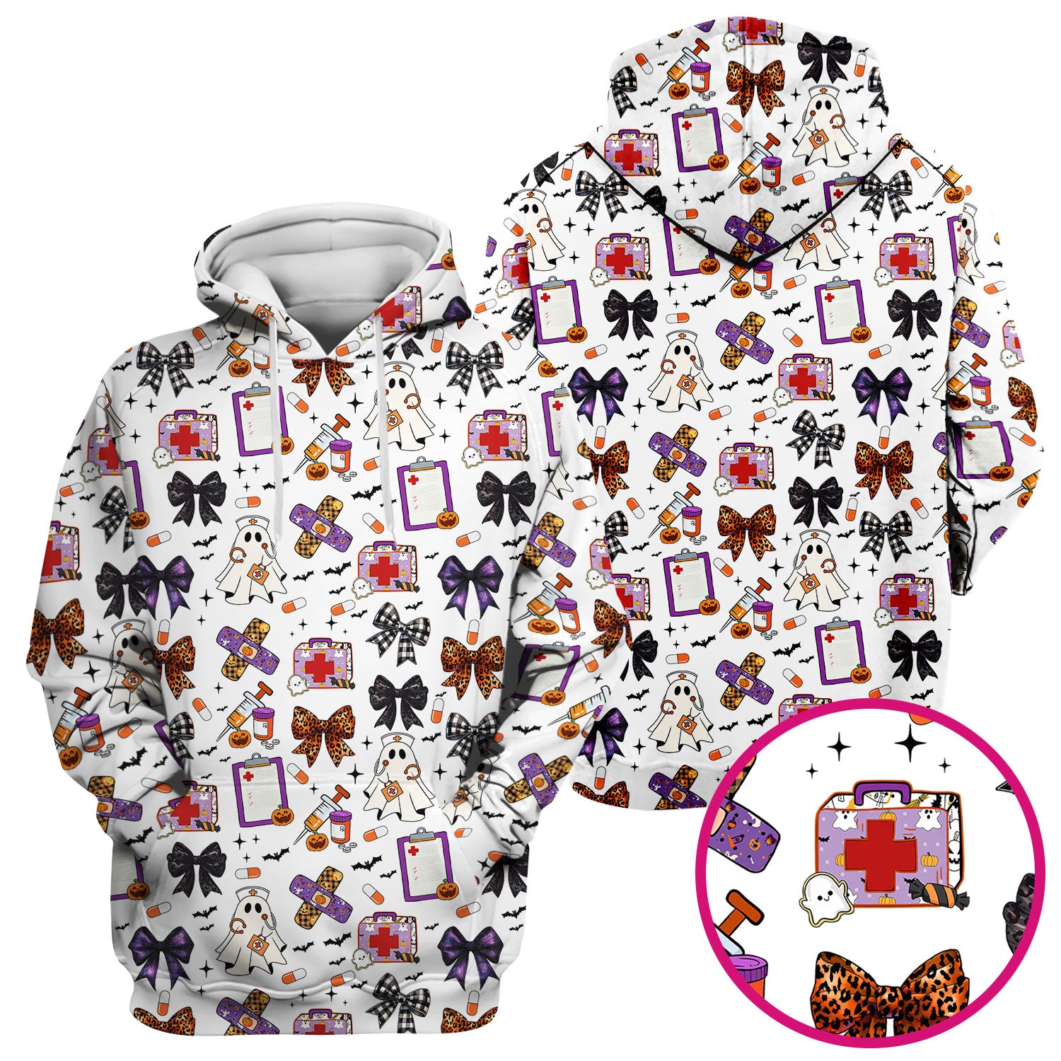 Spooky Cute Nurse Scrubs Top - Ghost, Pumpkin & Bow Print - Fun Halloween Medical Shirt for Women Nurses
