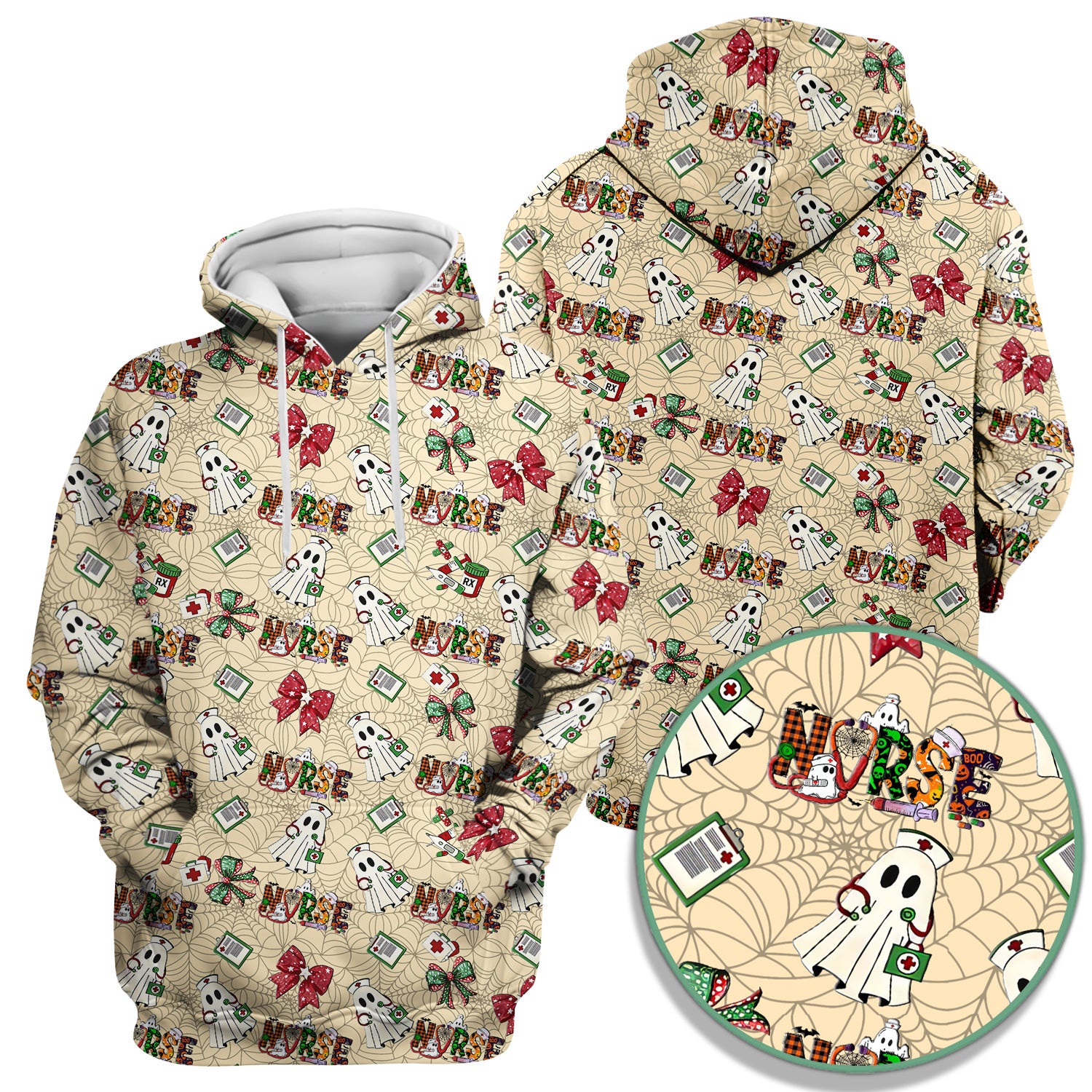 Custom Halloween Scrub Top for Nurses - Funny Ghost and Web Scrub Shirt Multi Color - Cute Spooky Nursing Workwear with Pockets