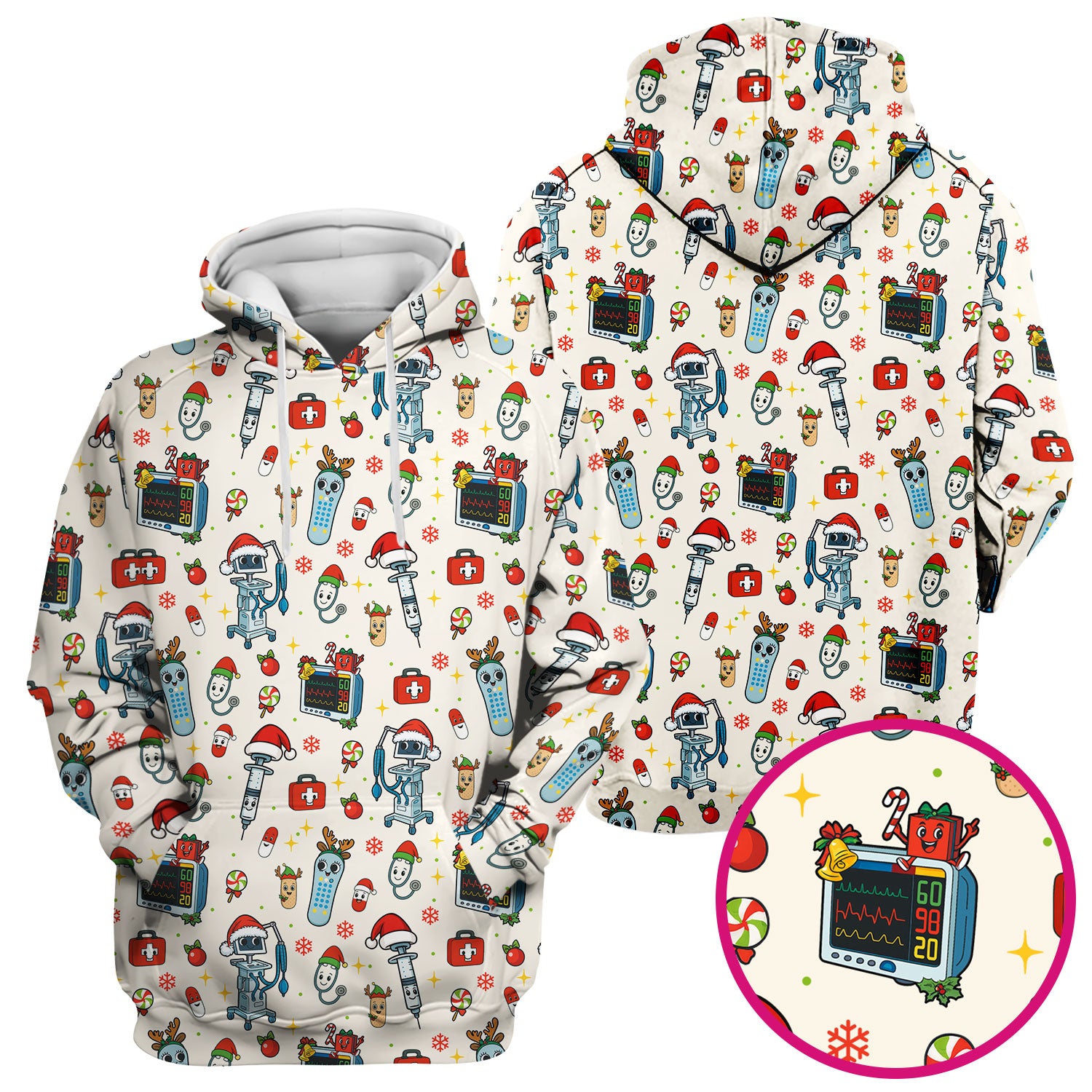 Christmas Scrub Top for Women - Funny Nurse Pattern with Robot & Reindeer - Festive Medical Shirt for Holiday Shifts