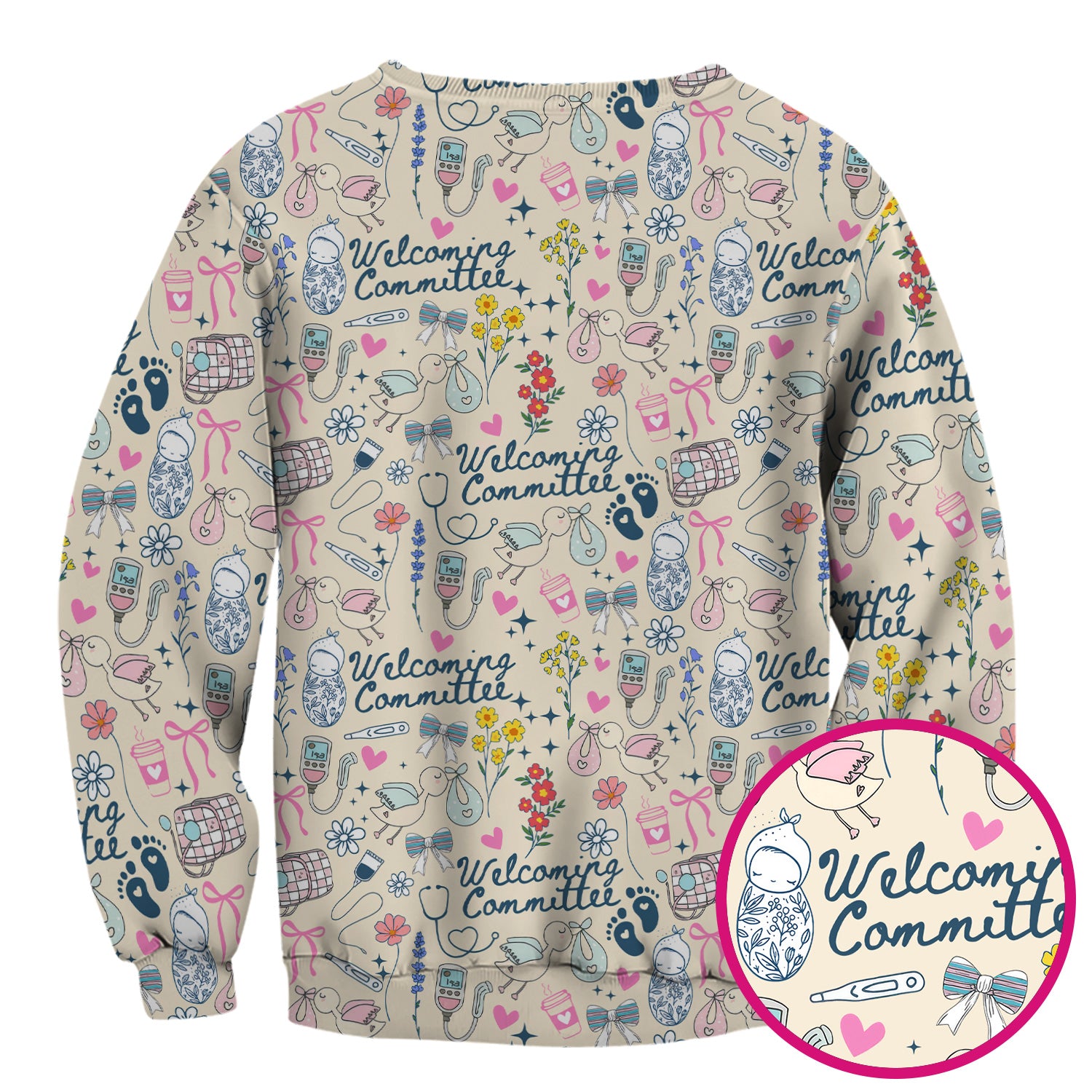 Cute L&D Nurse Scrub Top - Welcoming Committee & Stork Delivering Baby Design - Gift for Women RN LPN