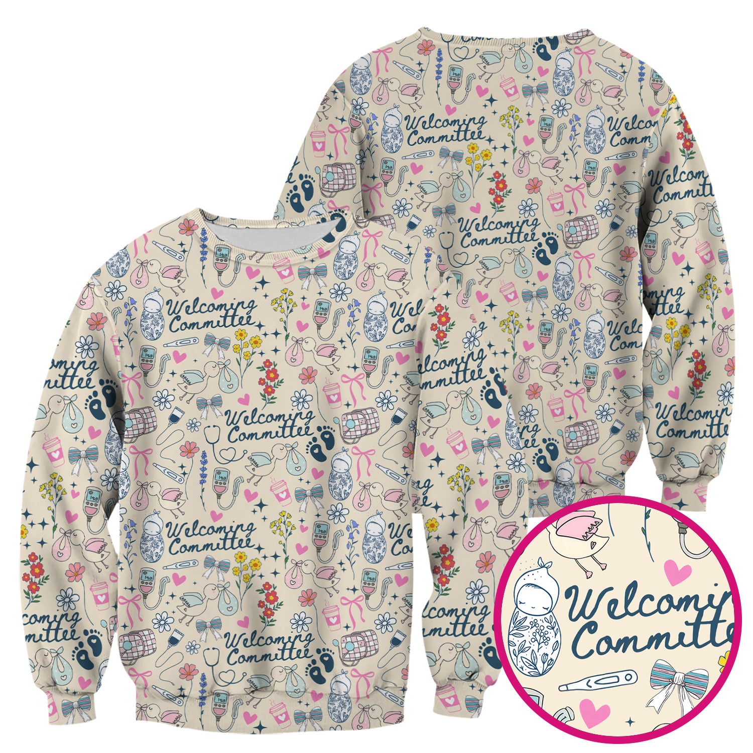 Cute L&D Nurse Scrub Top - Welcoming Committee & Stork Delivering Baby Design - Gift for Women RN LPN
