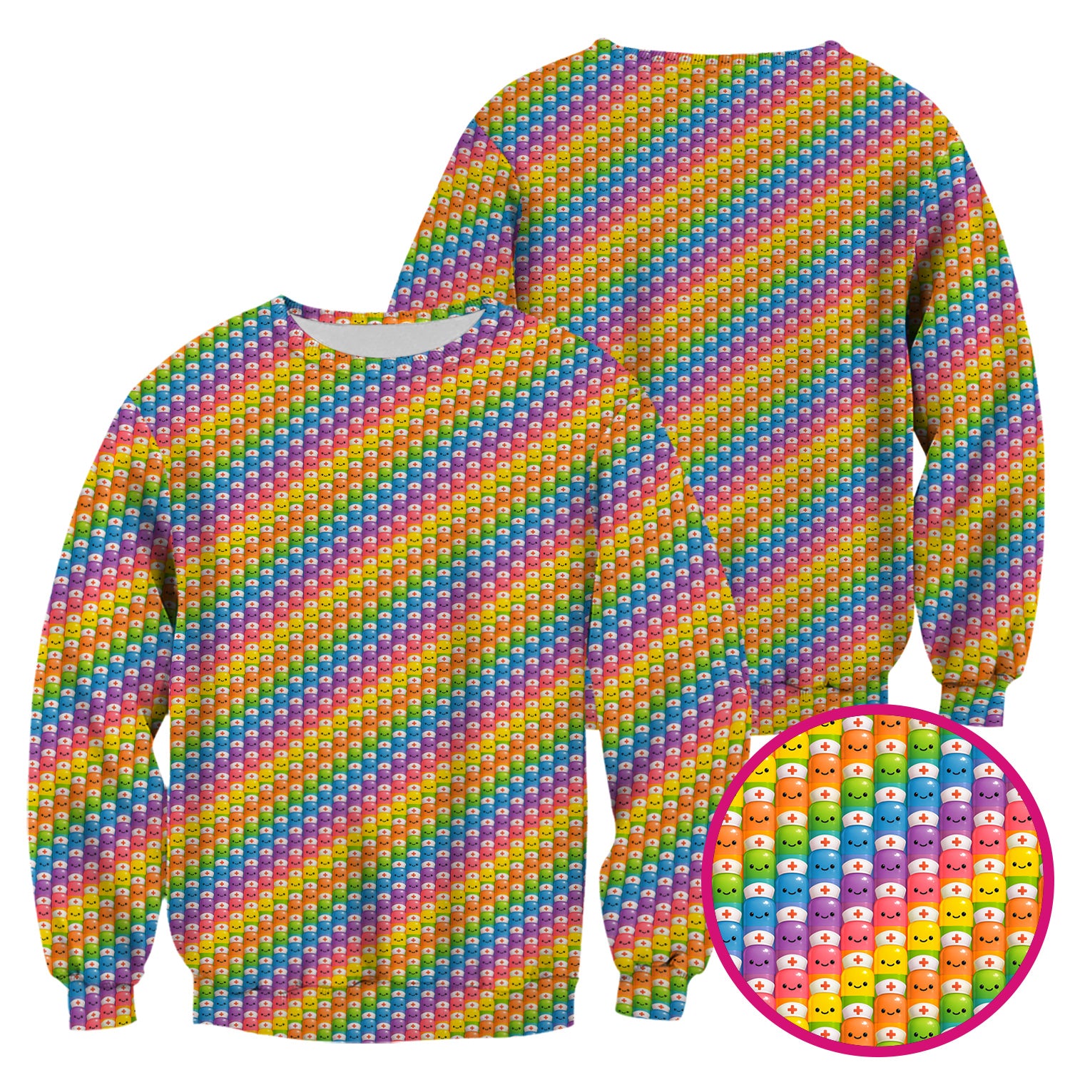 Funny Rainbow Nurse Scrub - Pill Cartoon with Syringe Graphic Tee - Gift for RN CNA LPN or Nursing Student