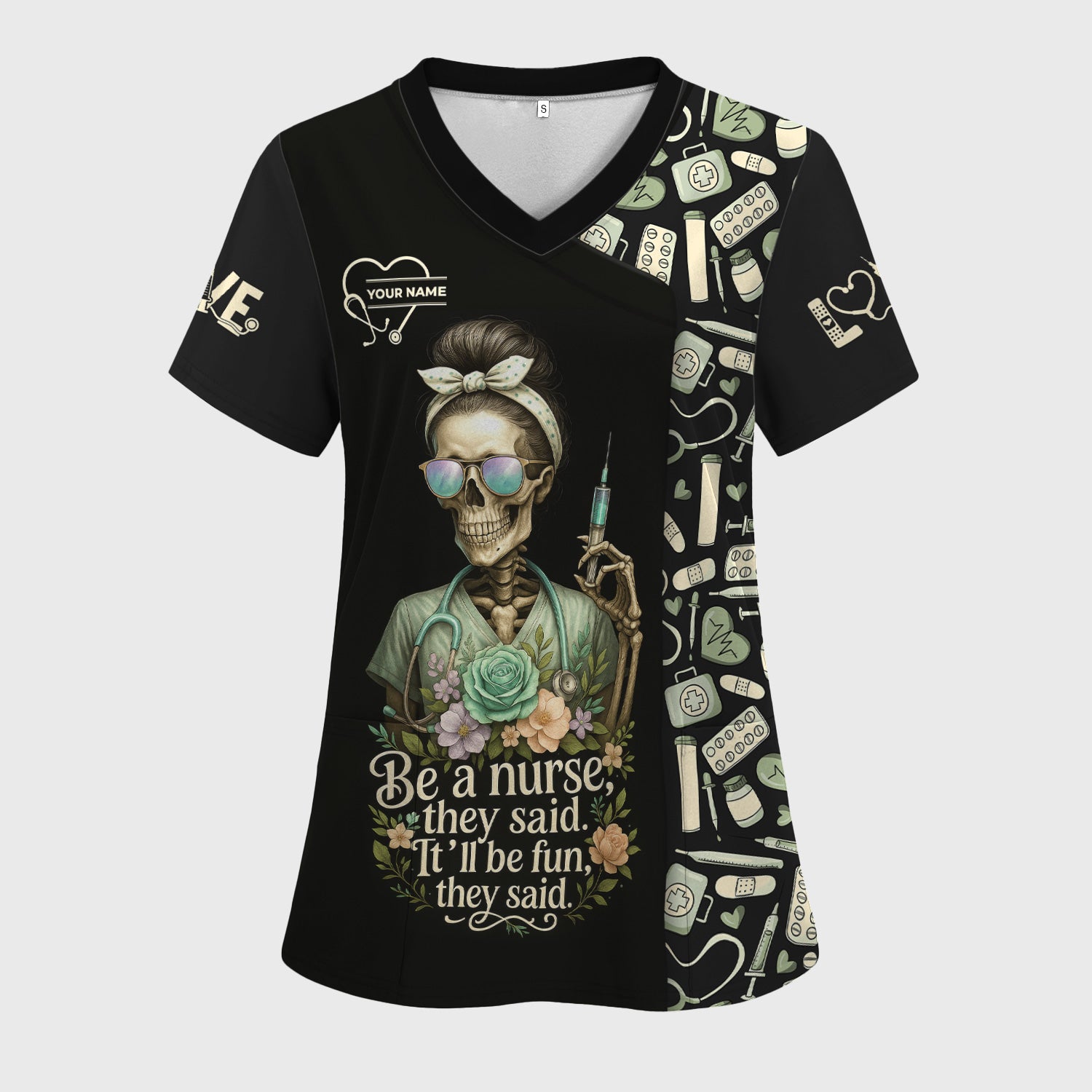 Personalized Skeleton Nurse Shirt - Messy Bun Hair & Leopard Print Graphic Tee - Gift for Women CNA & Healthcare Workers