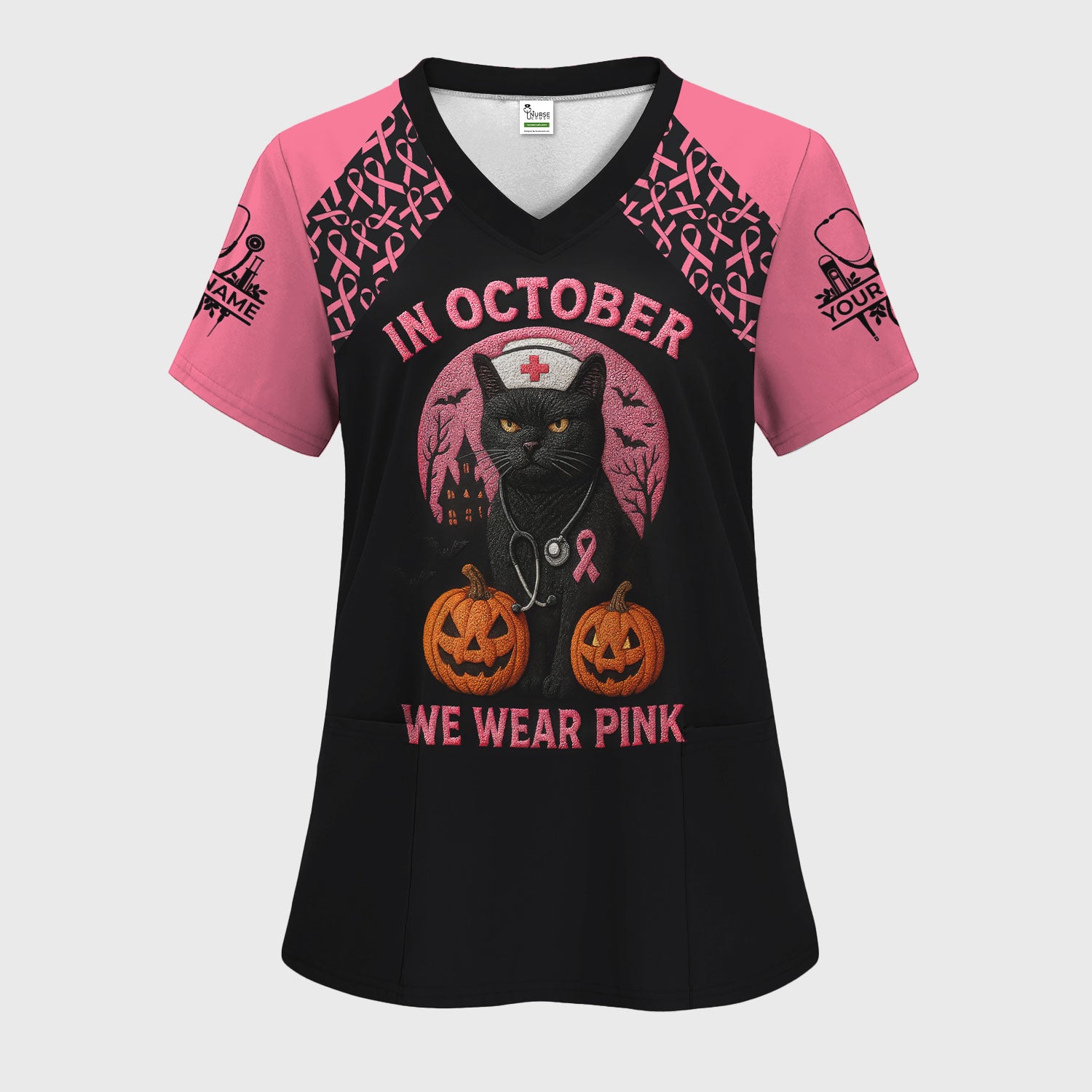 In October We Wear Pink Scrub Top - Breast Cancer Awareness Shirt for Women - Halloween Gift for RN CNA LPN ER