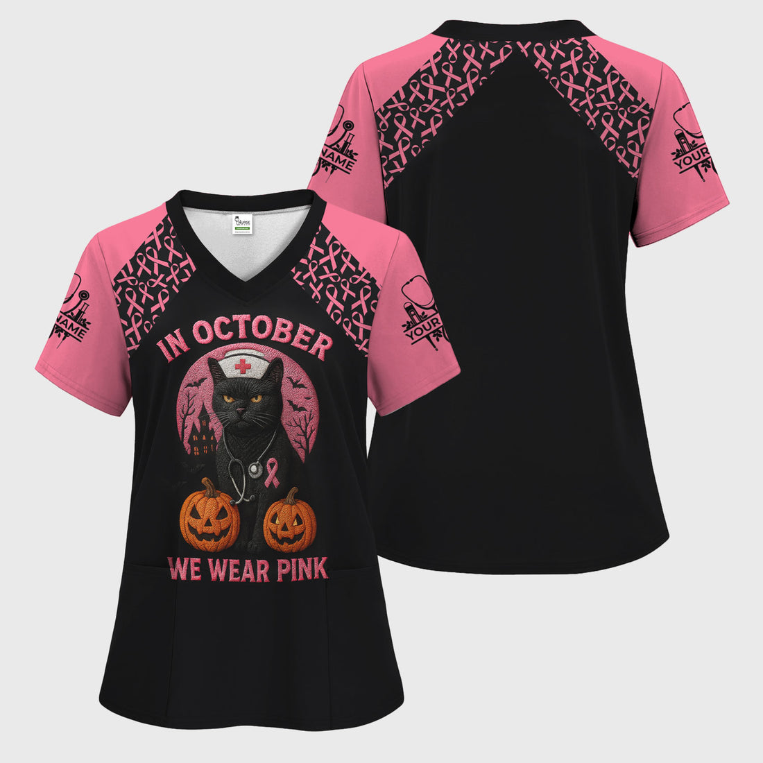 In October We Wear Pink Scrub Top - Breast Cancer Awareness Shirt for Women - Halloween Gift for RN CNA LPN ER