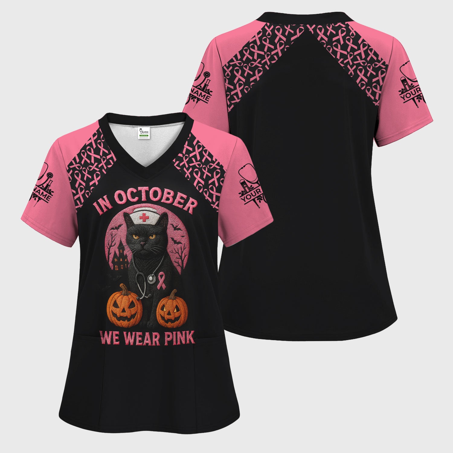 In October We Wear Pink Scrub Top - Breast Cancer Awareness Shirt for Women - Halloween Gift for RN CNA LPN ER
