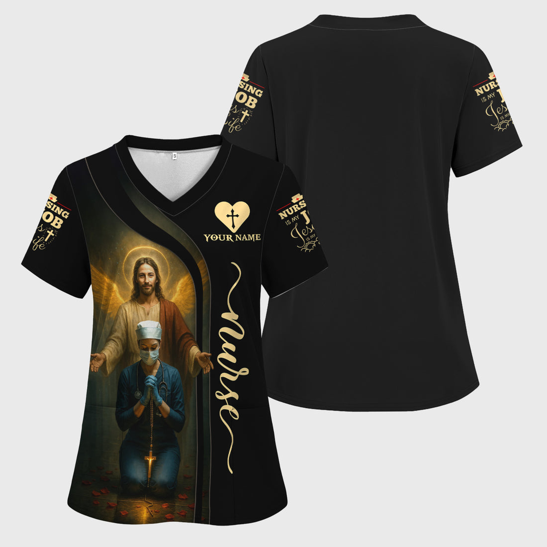 Custom Faith Nurse Scrub - Jesus Watching Over Praying Nurse Graphic Design - RN LPN CNA Healthcare Workers Gift