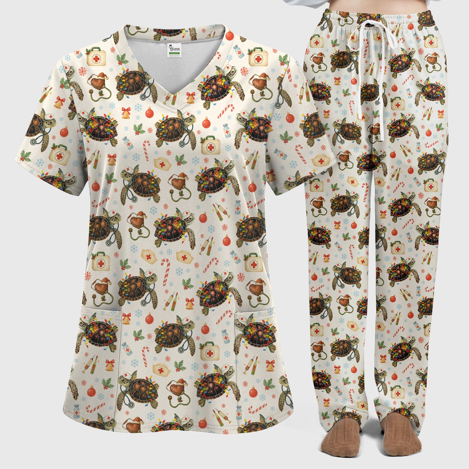 Christmas Turtle Scrub Set for Women - Cute Sea Turtle Nursing Pants and V Neck Top - Festive Holiday Gift for CNA LPN RN