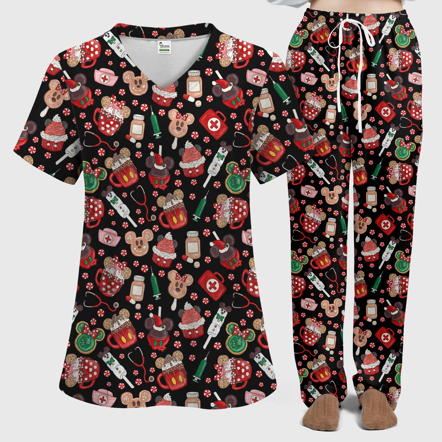 Gingerbread Christmas Scrub Set - Funny Cookies Candy Cupcake Pants and V Neck Top - Holiday Med Uniform RN CNA LPN