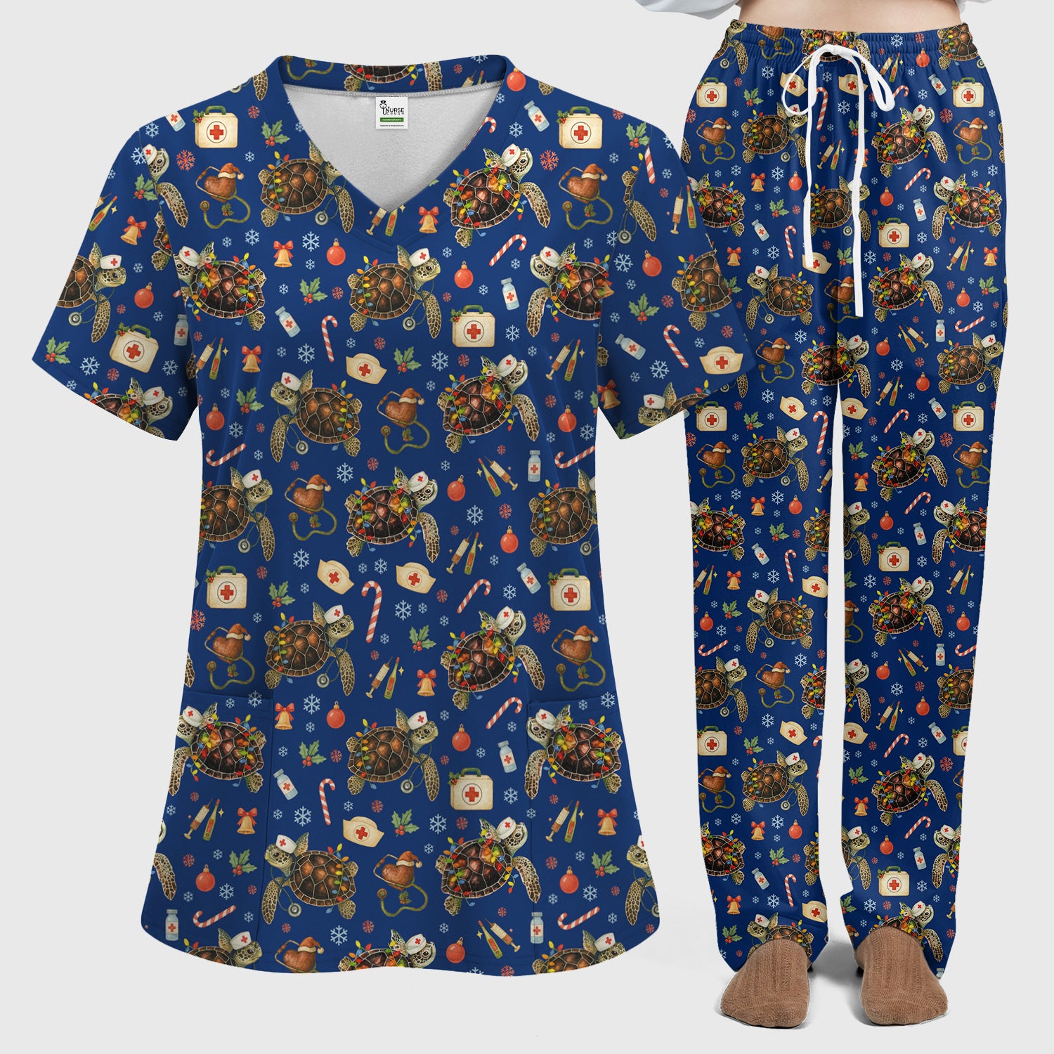 Christmas Turtle Scrub Set for Women - Cute Sea Turtle Nursing Pants and V Neck Top - Festive Holiday Gift for CNA LPN RN