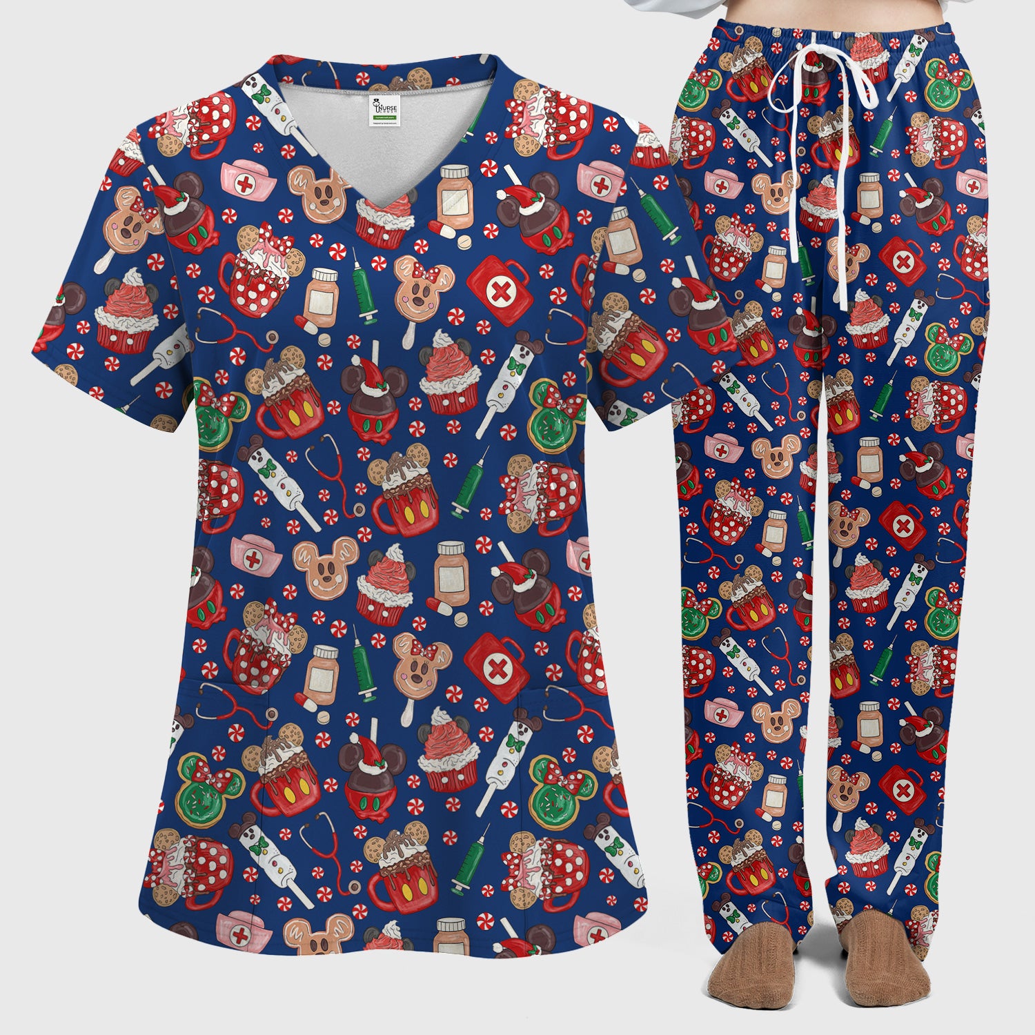 Gingerbread Christmas Scrub Set - Funny Cookies Candy Cupcake Pants and V Neck Top - Holiday Med Uniform RN CNA LPN