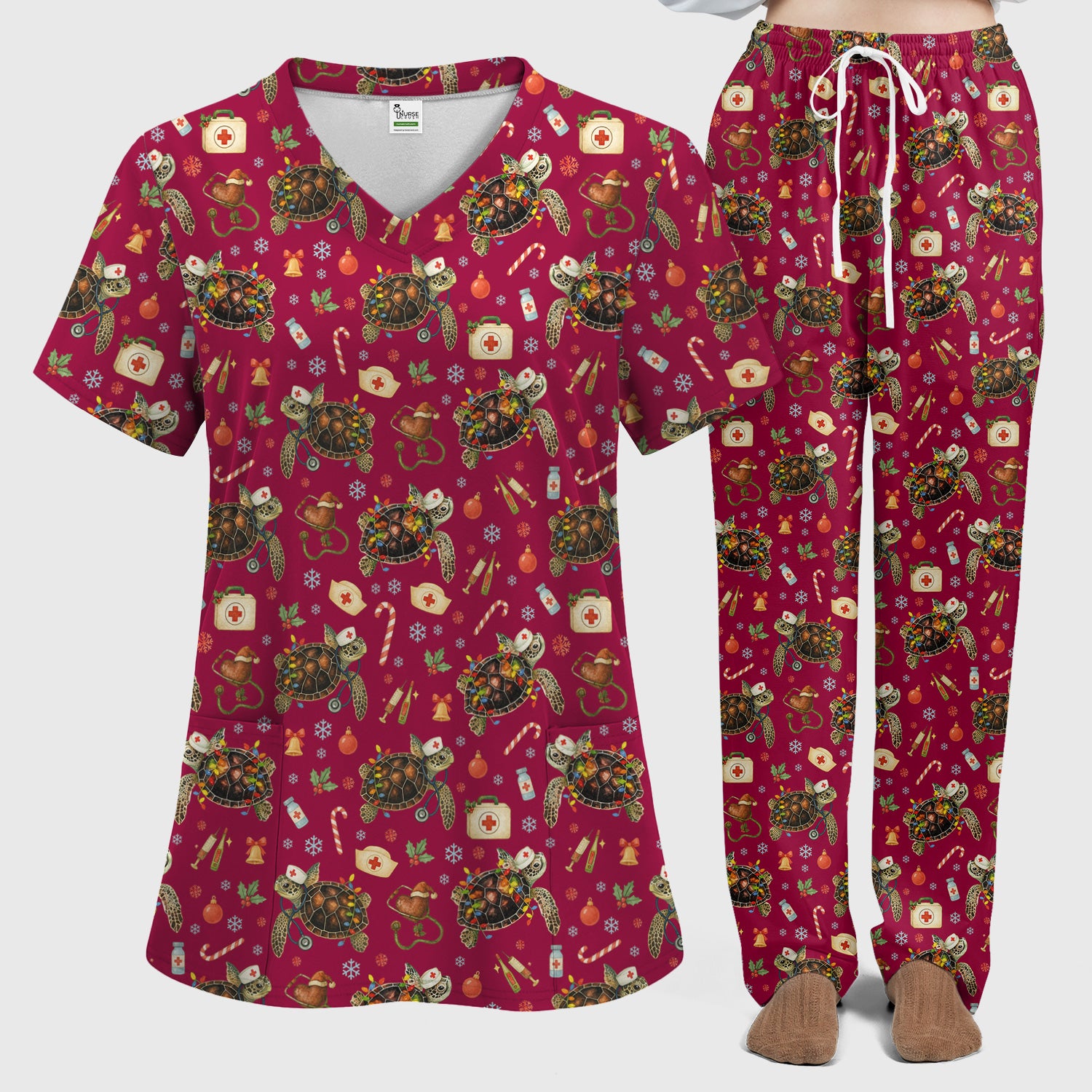 Christmas Turtle Scrub Set for Women - Cute Sea Turtle Nursing Pants and V Neck Top - Festive Holiday Gift for CNA LPN RN