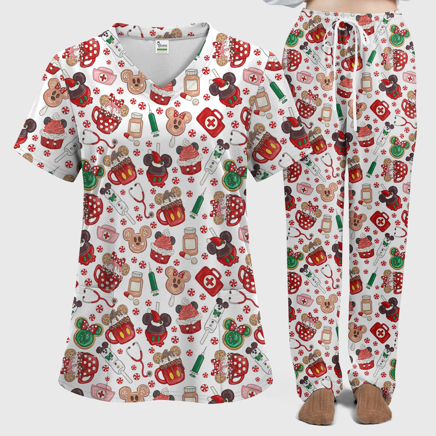 Gingerbread Christmas Scrub Set - Funny Cookies Candy Cupcake Pants and V Neck Top - Holiday Med Uniform RN CNA LPN
