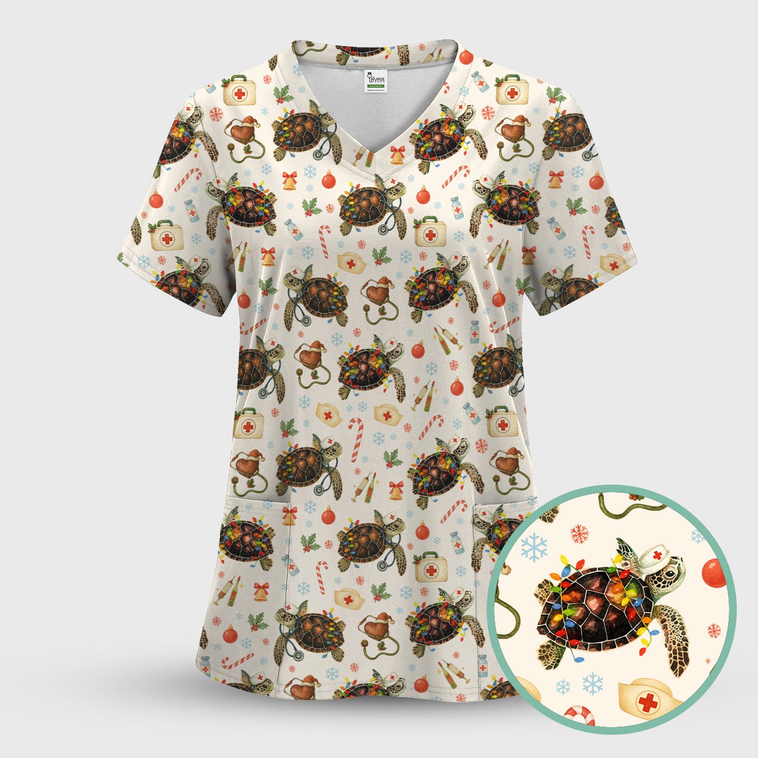 Christmas Turtle Scrub Set for Women - Cute Sea Turtle Nursing Pants and V Neck Top - Festive Holiday Gift for CNA LPN RN