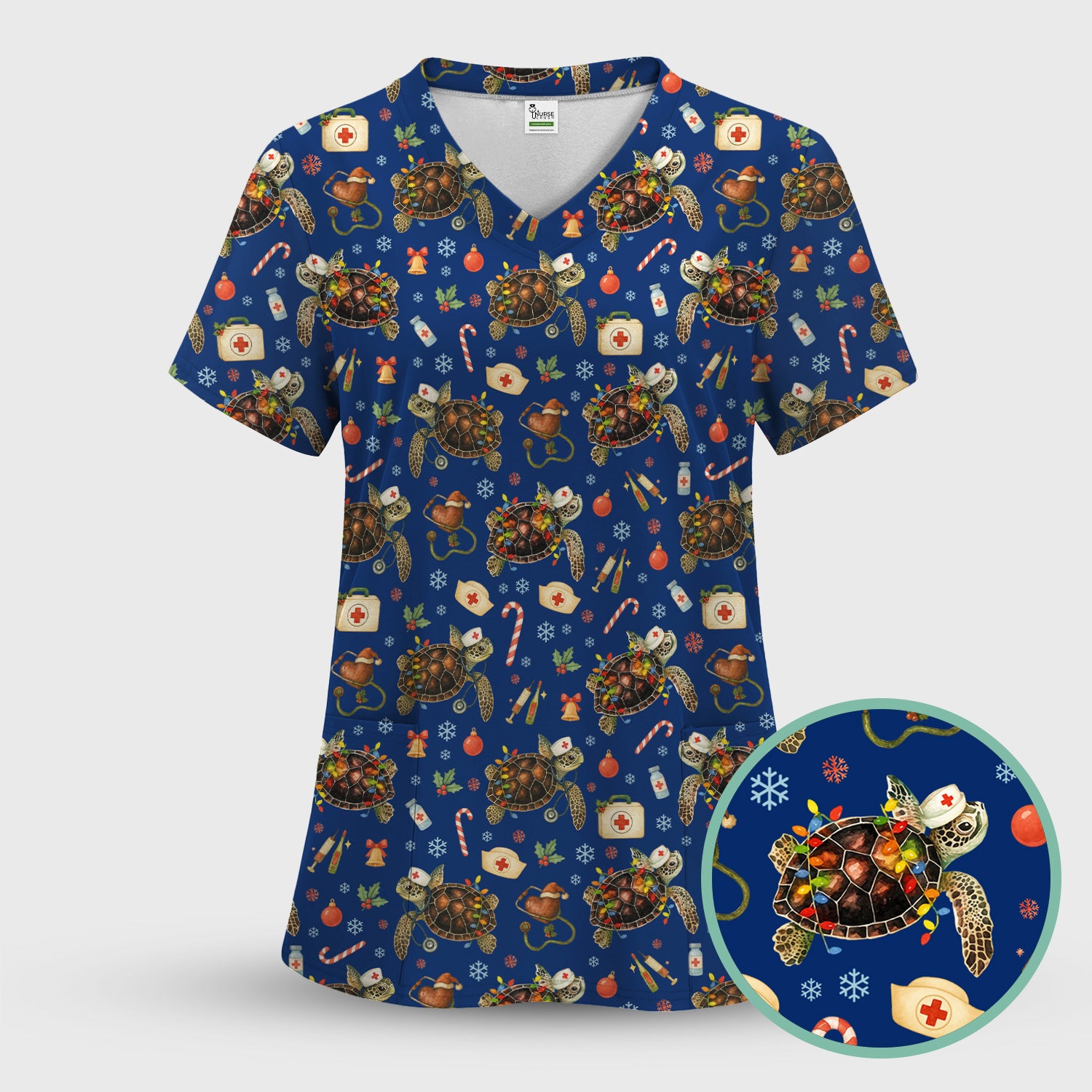Christmas Turtle Scrub Top for Women - Cute Sea Turtle Nursing Medical Shirt - Festive Holiday Scrubs for CNA LPN RN