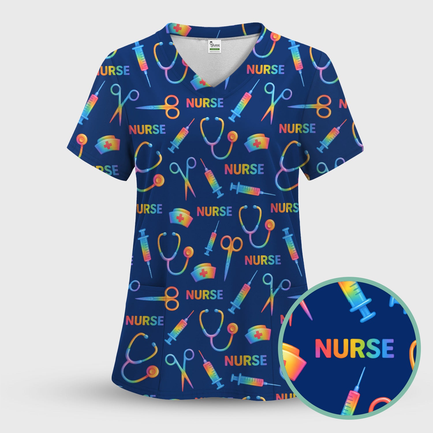 Colorful Nurse Scrub Top for Women - Rainbow Syringe and Scissors Pattern - Fun Medical Scrubs Shirt Gift for RN LPN CNA