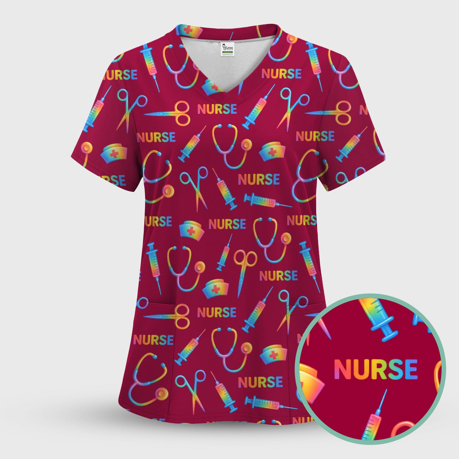 Colorful Nurse Scrub Top for Women - Rainbow Syringe and Scissors Pattern - Fun Medical Scrubs Shirt Gift for RN LPN CNA
