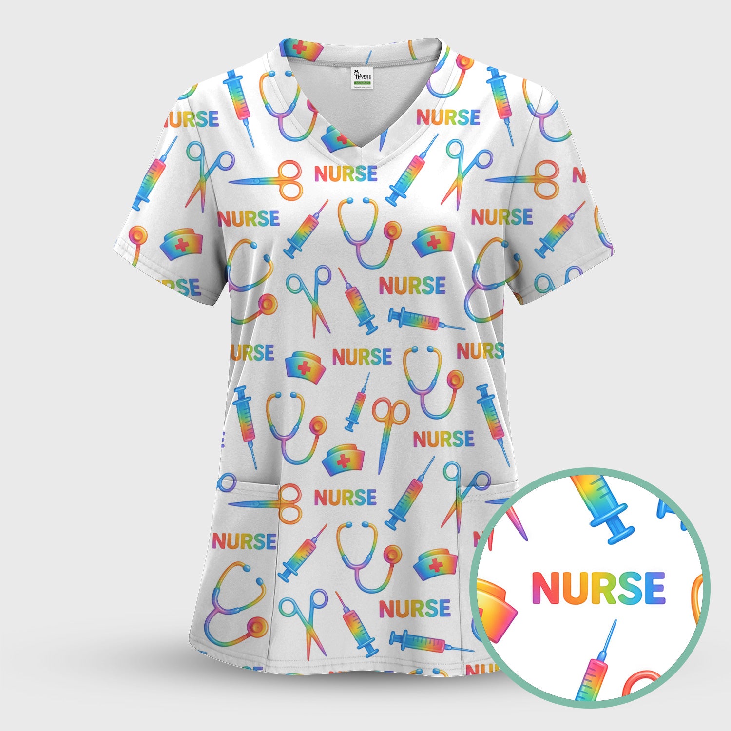 Colorful Nurse Scrub Top for Women - Rainbow Syringe and Scissors Pattern - Fun Medical Scrubs Shirt Gift for RN LPN CNA