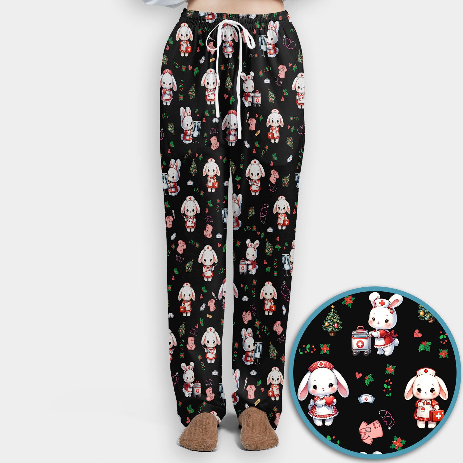 Comfortable Scrubs Sets for Nurses - Funny Bunny Scrub Pants and V Neck Top - Rabbit Christmas Med Uniform for Women
