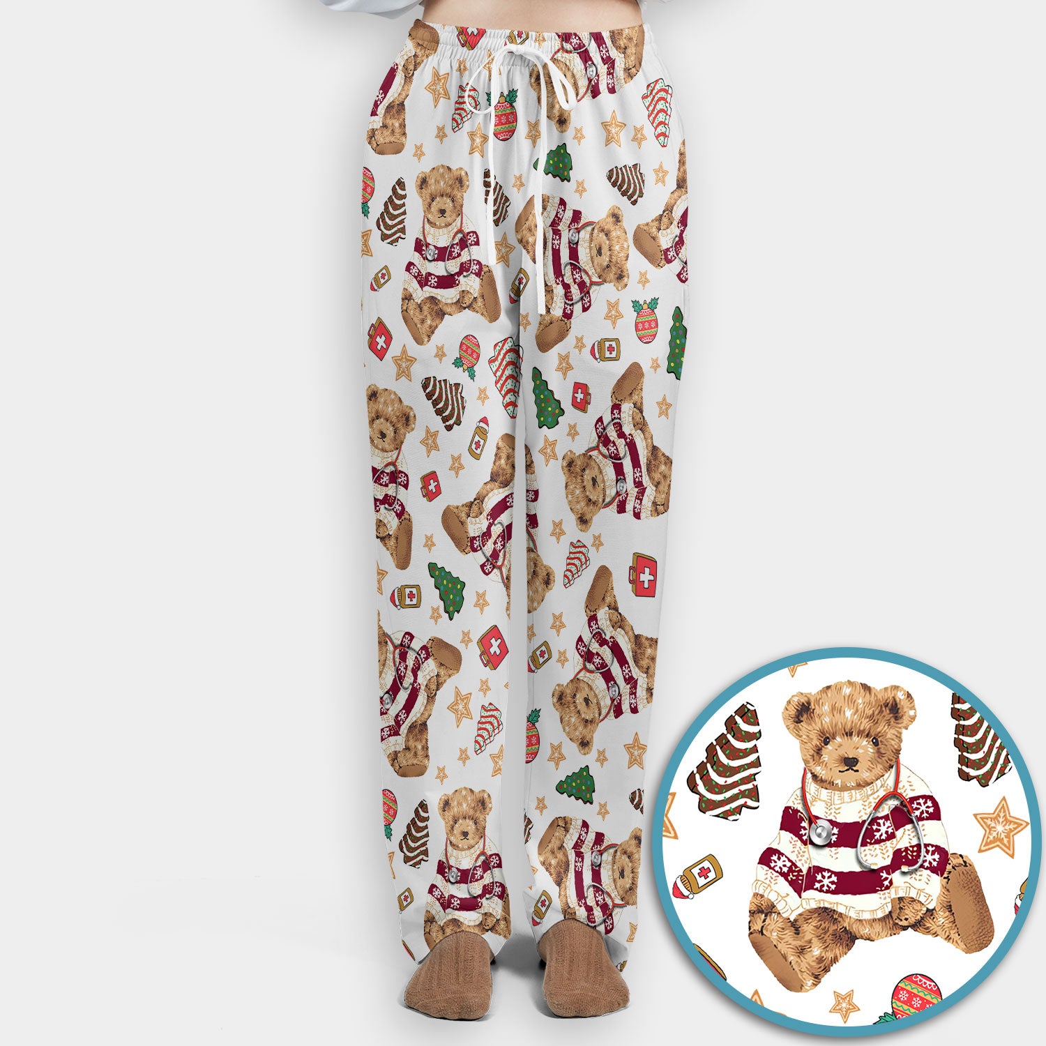 Christmas Teddy Bear Scrub Set for Nurses - Cozy Holiday Pattern with Cute Bear and Medical Icons Scrubs Pants and V Neck Top