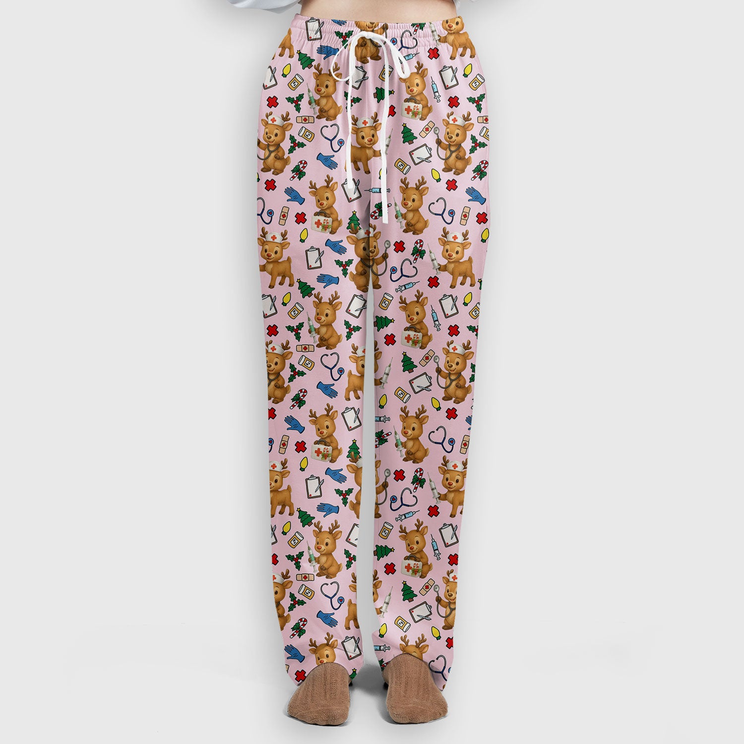 Christmas Scrub Tops and Pants - Reindeer Pattern Nurse Scrub Set - Cute Holiday Medical Print Scrubs for Women RN LPN CNA