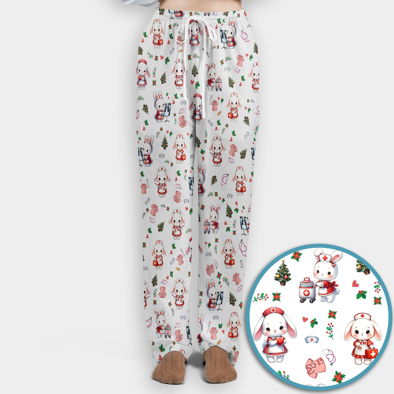 Comfortable Scrubs Sets for Nurses - Funny Bunny Scrub Pants and V Neck Top - Rabbit Christmas Med Uniform for Women