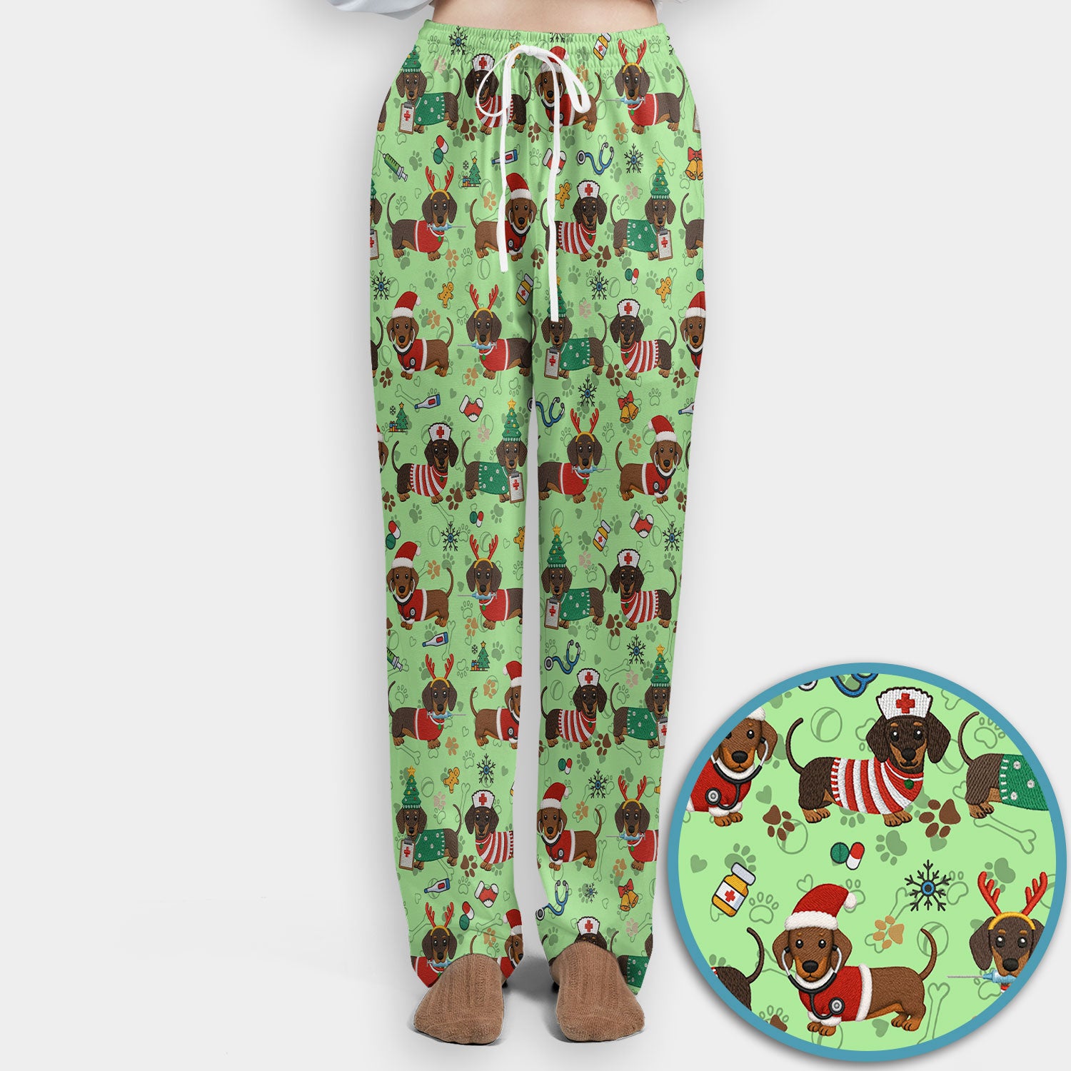 Christmas Wiener Dog Scrub Sets for Nurses - Cute Dachshund Scrubs Pants and V Neck Top - Fun Holiday Gift for Women RN CNA LPN