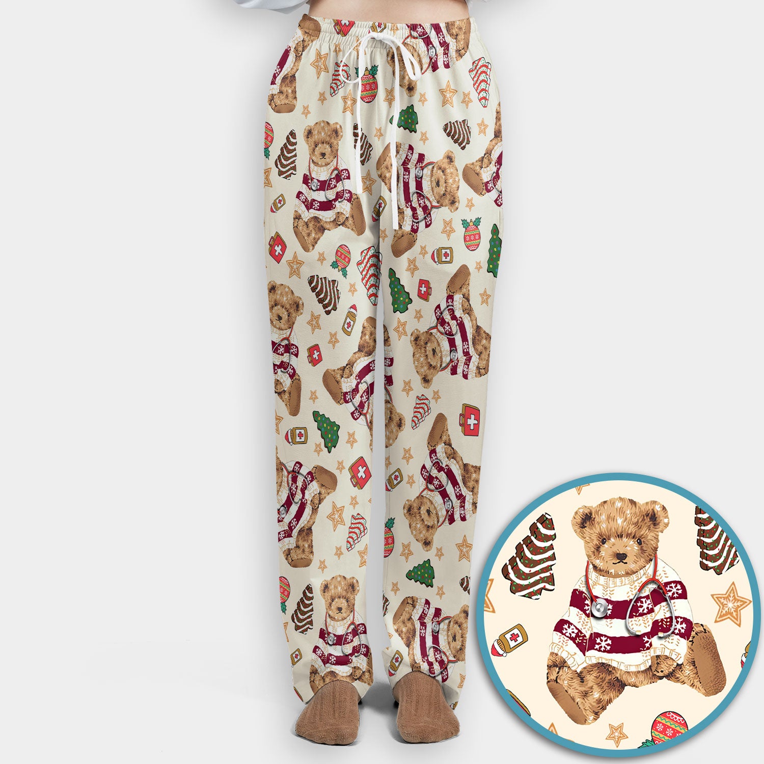 Christmas Teddy Bear Scrub Set for Nurses - Cozy Holiday Pattern with Cute Bear and Medical Icons Scrubs Pants and V Neck Top
