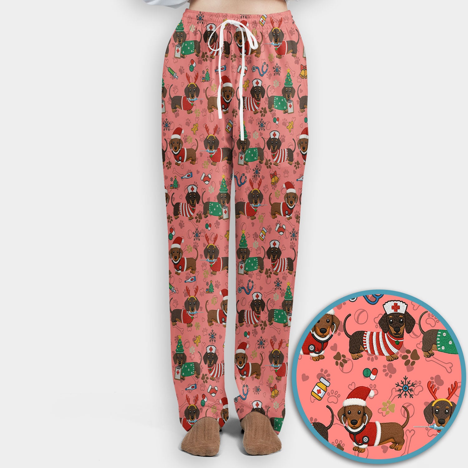Christmas Wiener Dog Scrub Sets for Nurses - Cute Dachshund Scrubs Pants and V Neck Top - Fun Holiday Gift for Women RN CNA LPN