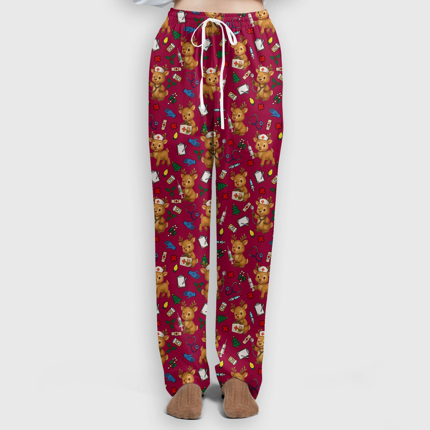 Christmas Scrub Tops and Pants - Reindeer Pattern Nurse Scrub Set - Cute Holiday Medical Print Scrubs for Women RN LPN CNA
