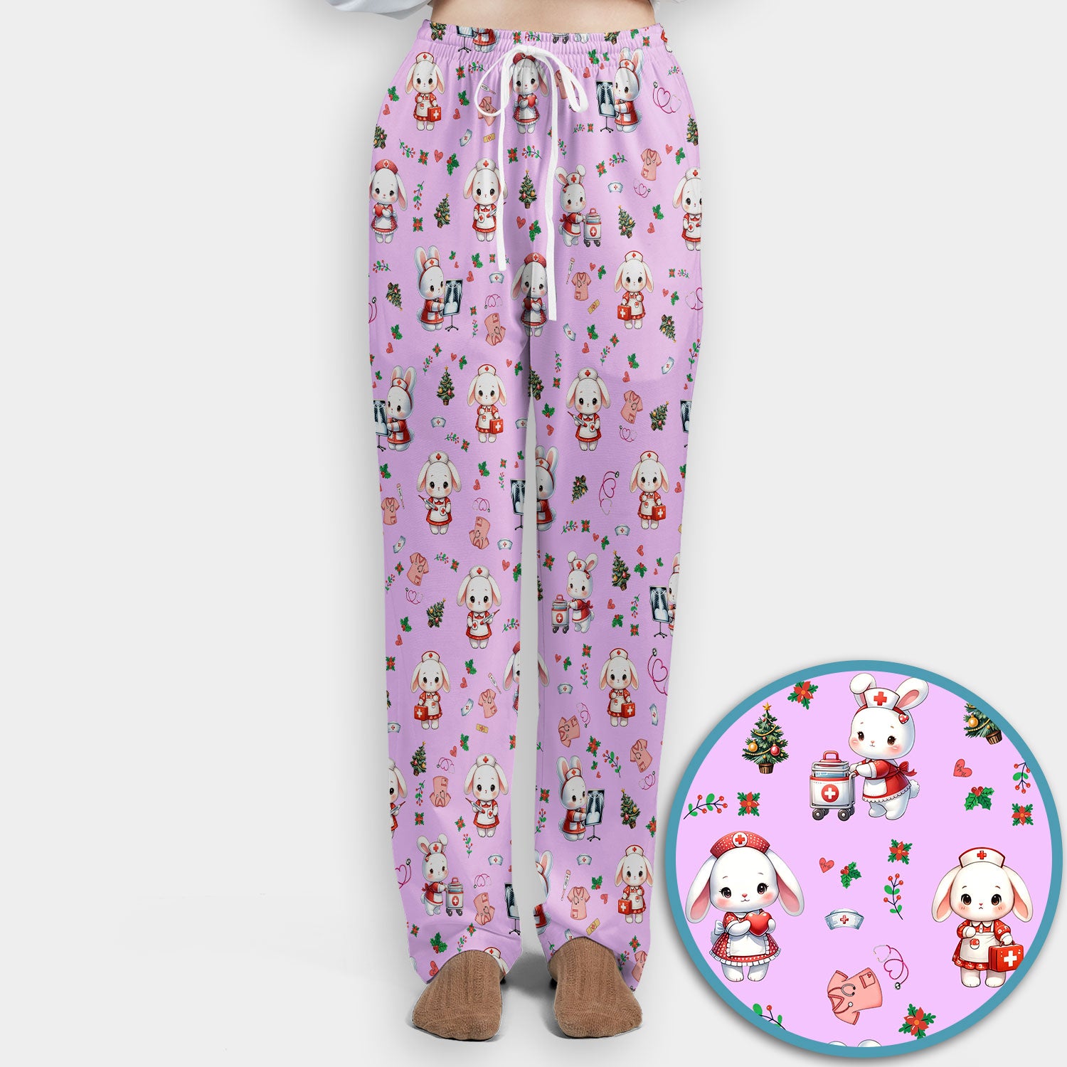 Comfortable Scrubs Sets for Nurses - Funny Bunny Scrub Pants and V Neck Top - Rabbit Christmas Med Uniform for Women