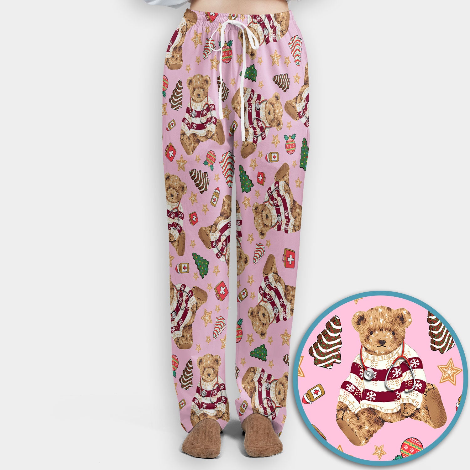 Christmas Teddy Bear Scrub Set for Nurses - Cozy Holiday Pattern with Cute Bear and Medical Icons Scrubs Pants and V Neck Top