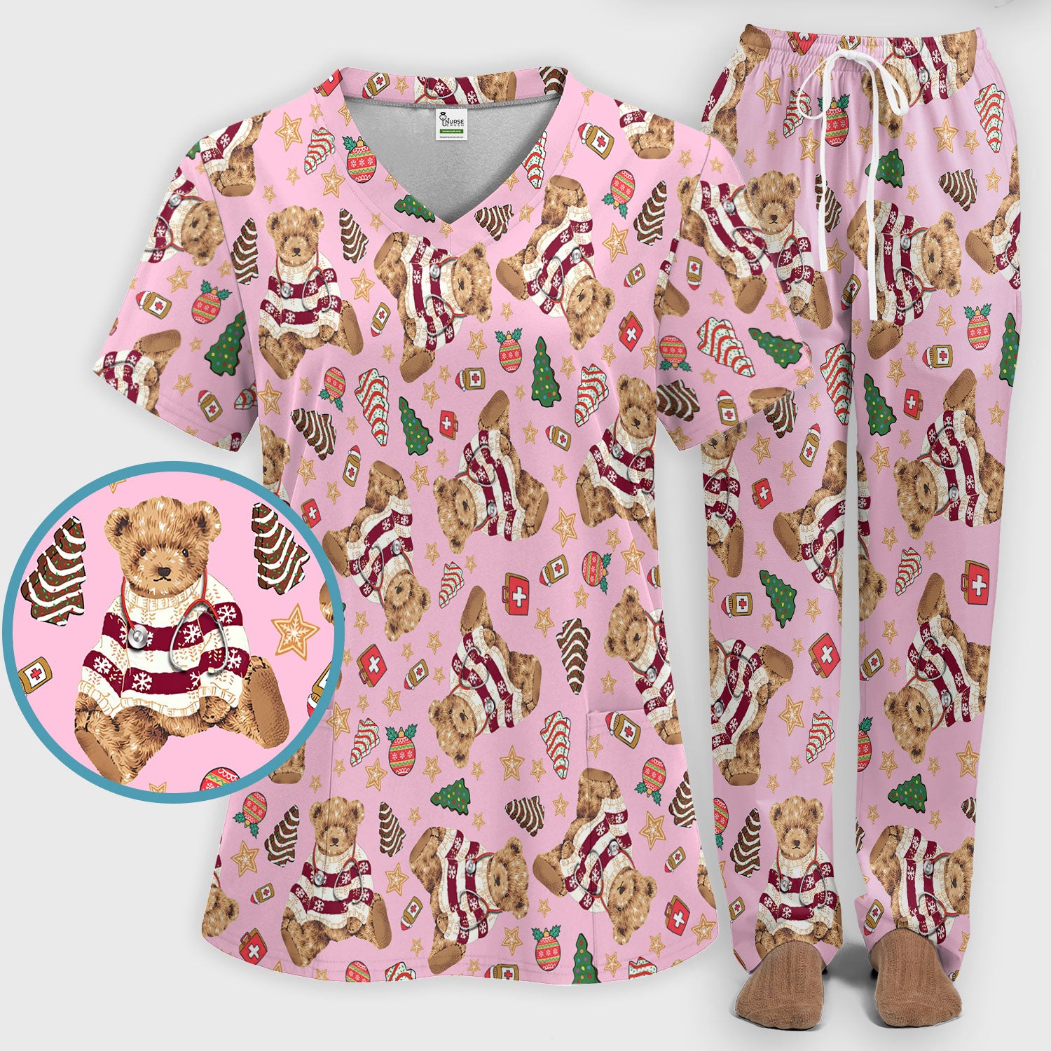 Christmas Teddy Bear Scrub Set for Nurses - Cozy Holiday Pattern with Cute Bear and Medical Icons Scrubs Pants and V Neck Top