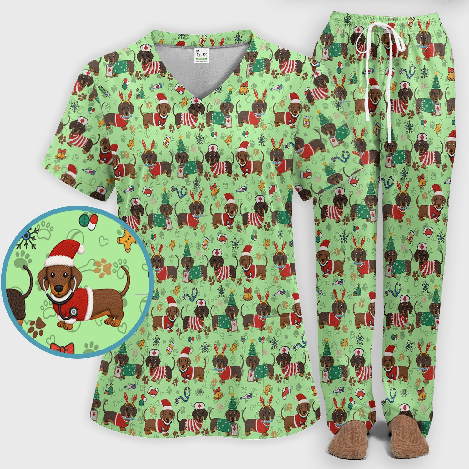 Christmas Wiener Dog Scrub Sets for Nurses - Cute Dachshund Scrubs Pants and V Neck Top - Fun Holiday Gift for Women RN CNA LPN