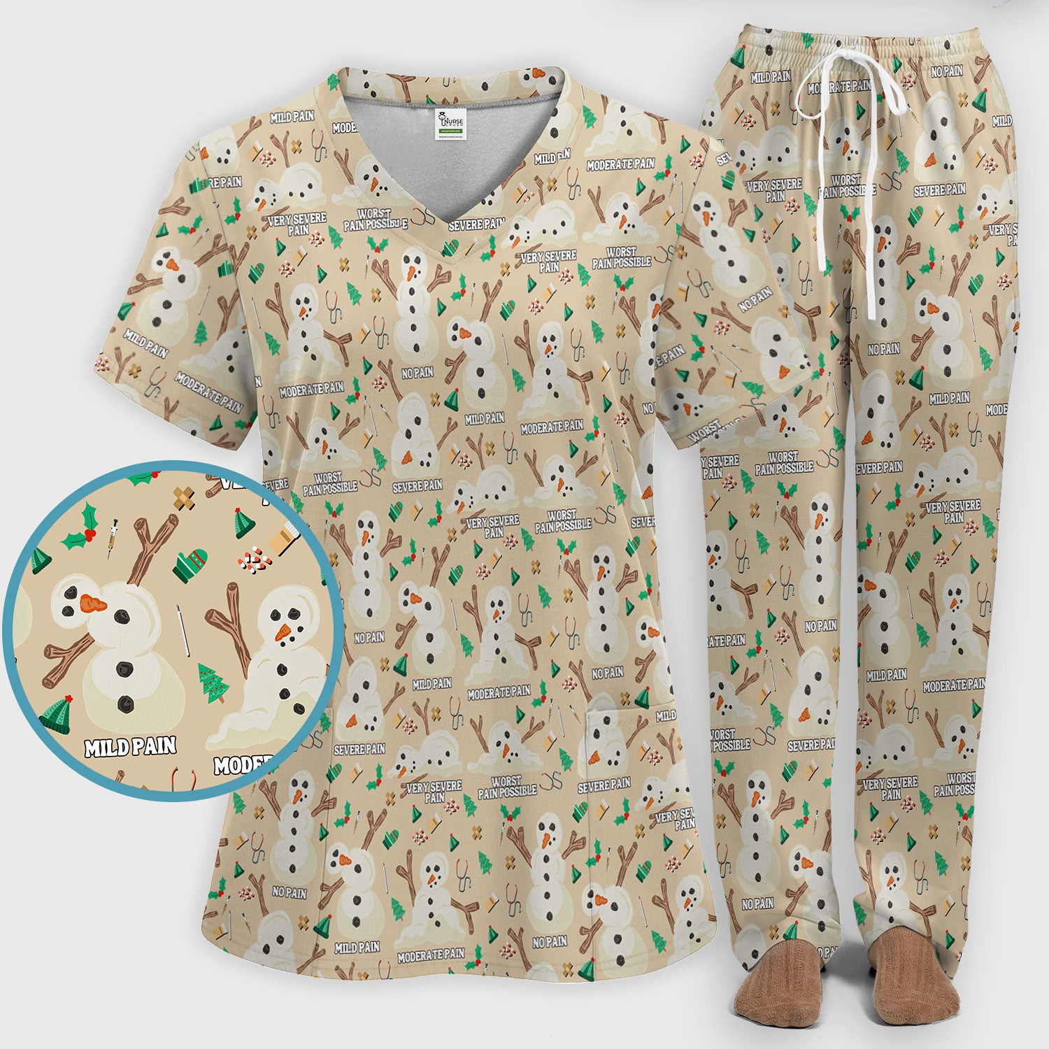 Christmas Snowman Nurse Scrub Set for Women - Funny Pain Scale Scrubs Pants - Cute Holiday Nursing Uniform Gift for RN LPN CNA