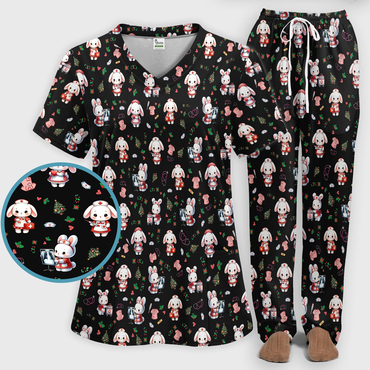 Comfortable Scrubs Sets for Nurses - Funny Bunny Scrub Pants and V Neck Top - Rabbit Christmas Med Uniform for Women