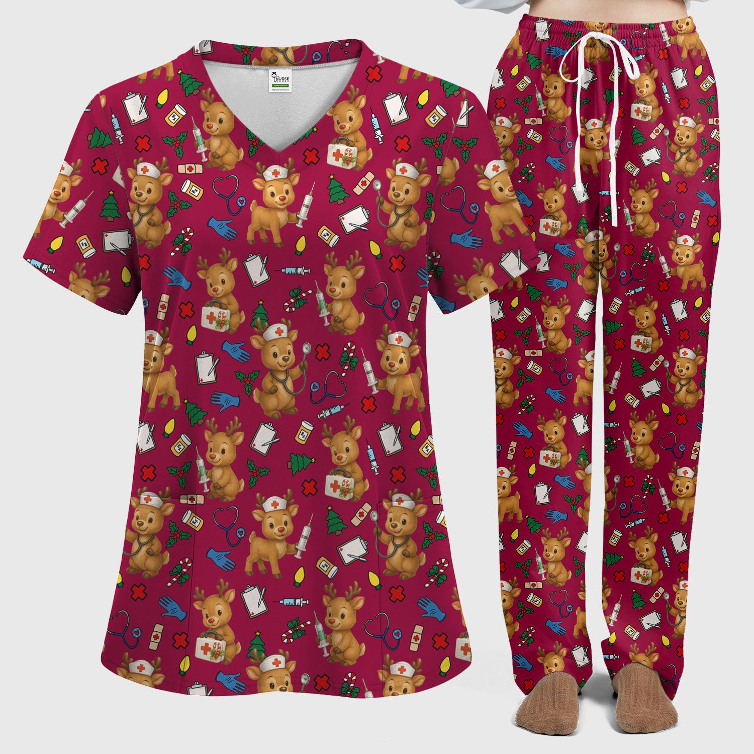 Christmas Scrub Tops and Pants - Reindeer Pattern Nurse Scrub Set - Cute Holiday Medical Print Scrubs for Women RN LPN CNA