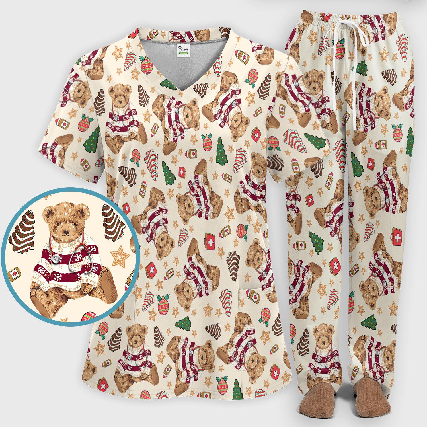 Christmas Teddy Bear Scrub Set for Nurses - Cozy Holiday Pattern with Cute Bear and Medical Icons Scrubs Pants and V Neck Top