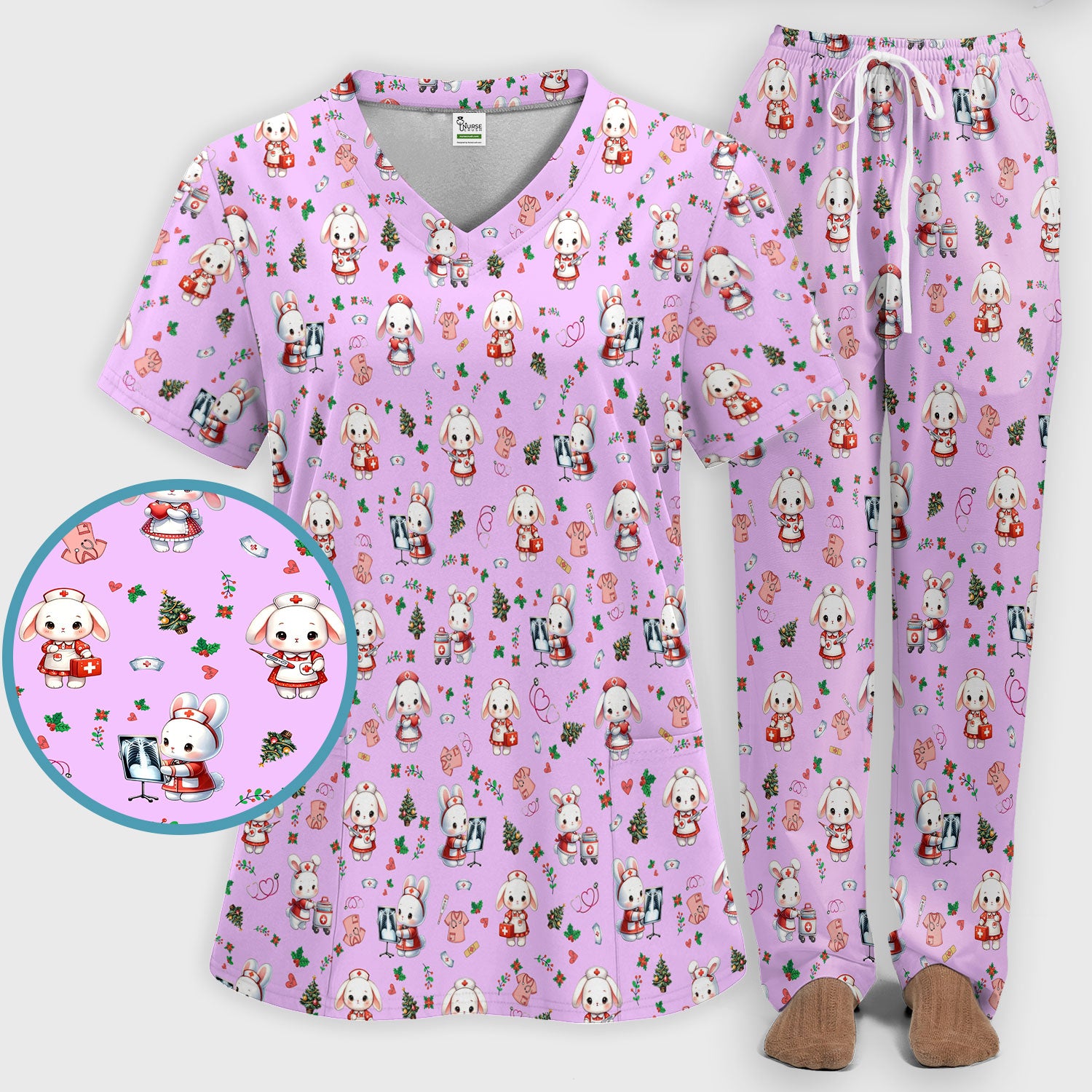 Comfortable Scrubs Sets for Nurses - Funny Bunny Scrub Pants and V Neck Top - Rabbit Christmas Med Uniform for Women