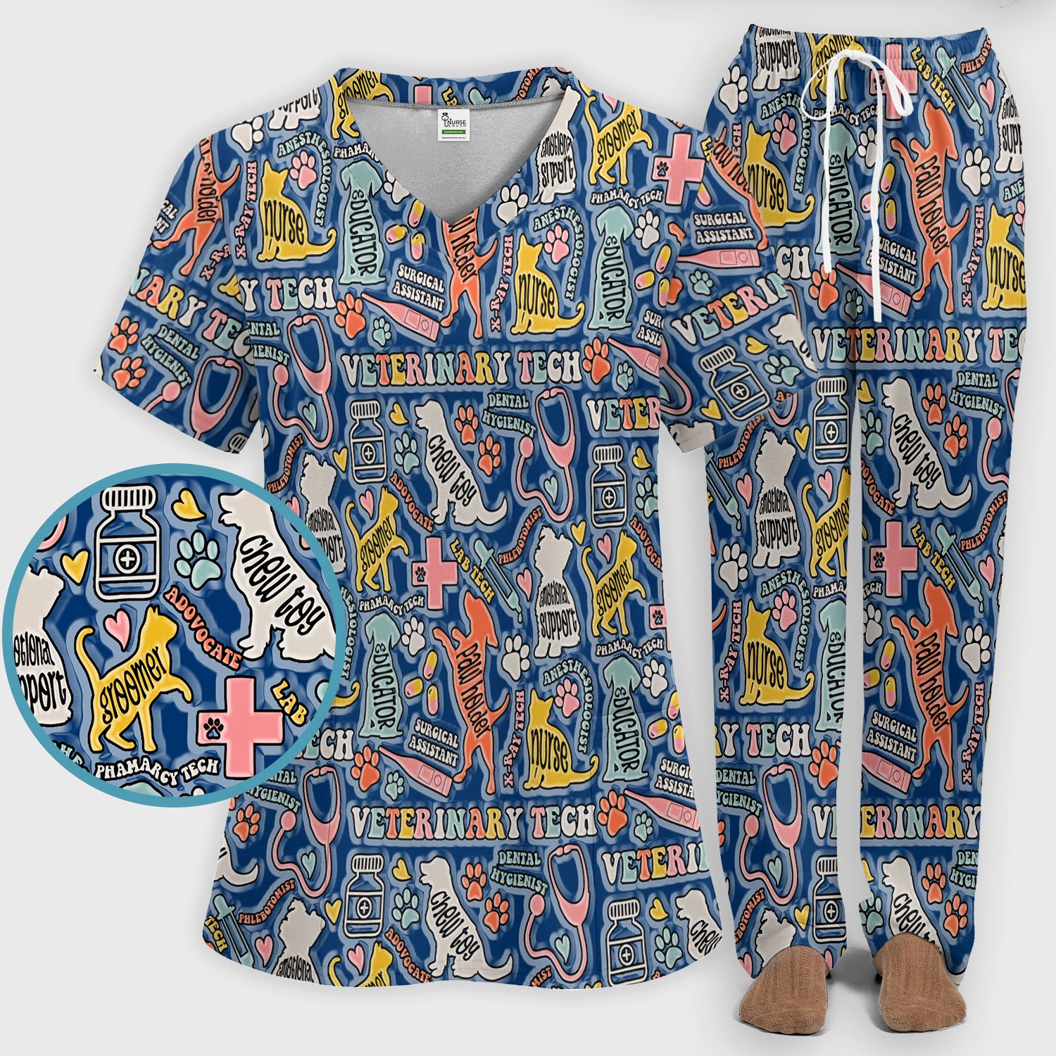 Veterinary Tech Nurse Scrub Set - Dog Cat Pet Scrubs Pants and V Neck Top - Funny Vet Tech Animal Scrubs for Women LPN RN CNA