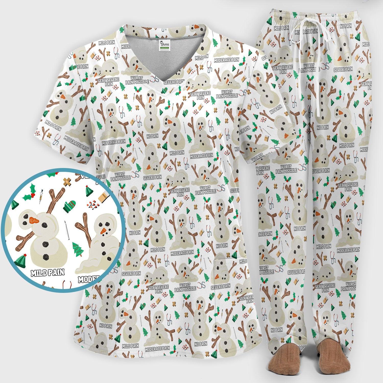 Christmas Snowman Nurse Scrub Set for Women - Funny Pain Scale Scrubs Pants - Cute Holiday Nursing Uniform Gift for RN LPN CNA